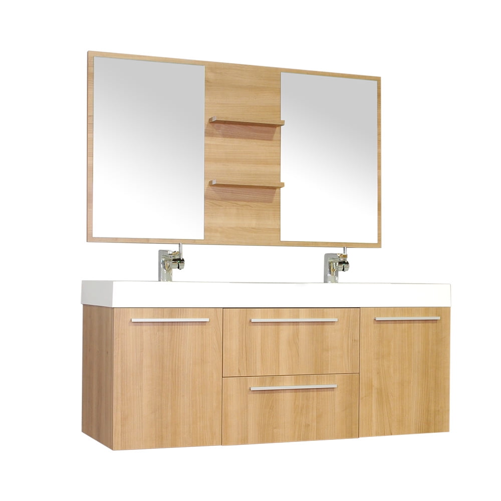 Ripley 54 Double Wall Mount Modern Bathroom Vanity Set In Light Oak With Mirror Walmartcom Walmartcom