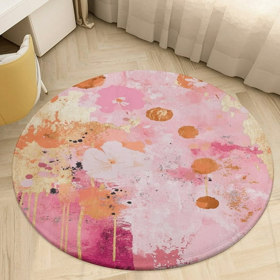 Colorful Marble Pink Round Area Rugs for Bedroom Living Room, 4FT Soft Indoor Circle Carpets, Carpet Home Decor Floor Mat