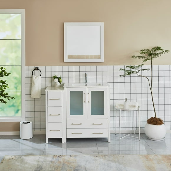 Vanity Art 42 in. W Single Sink Bathroom Vanity with Ceramic Top and Free Mirror
