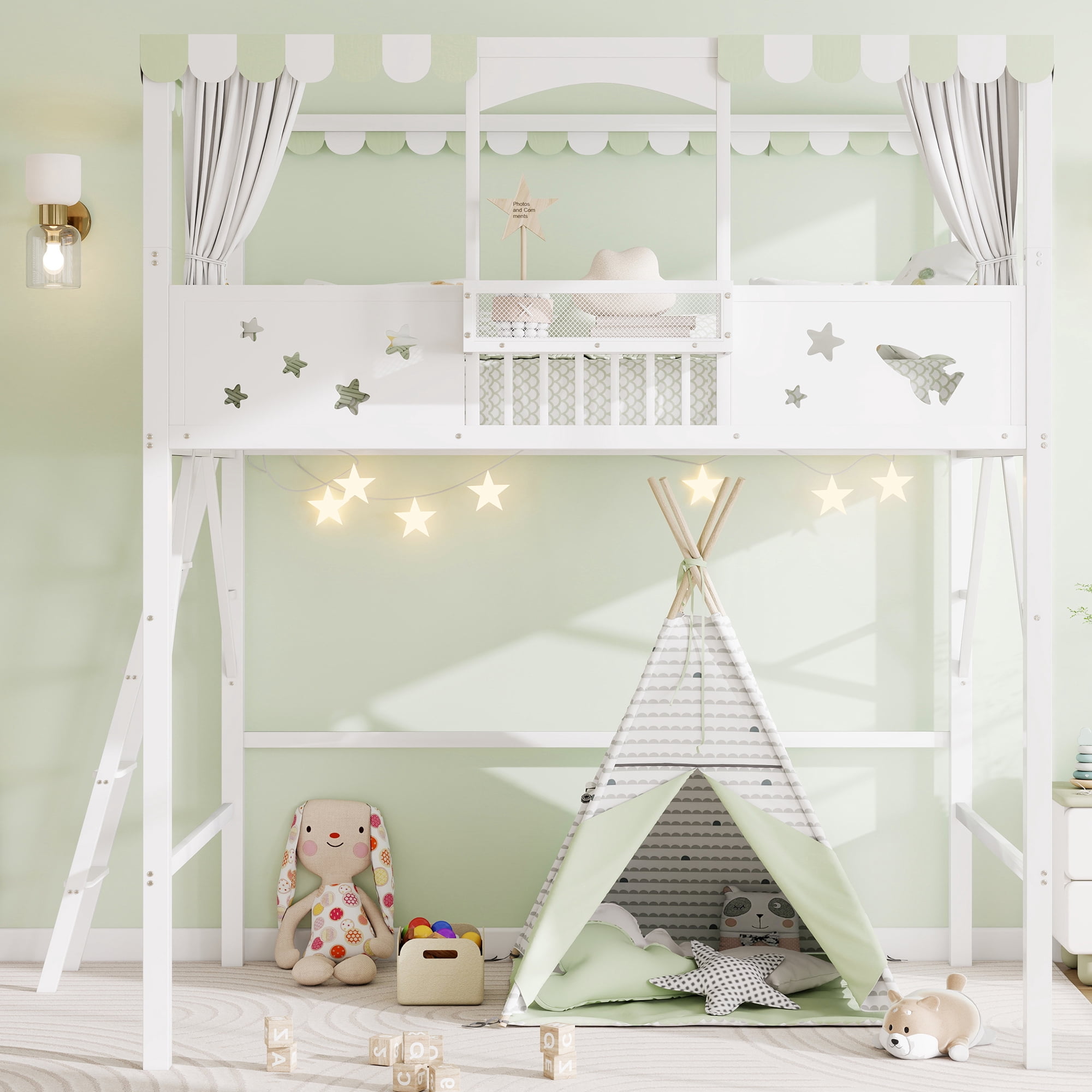 Leumius Full Size Loft Bed with Ladder and Storage Shelves,Metal High Loft Bed for Bedroom,White