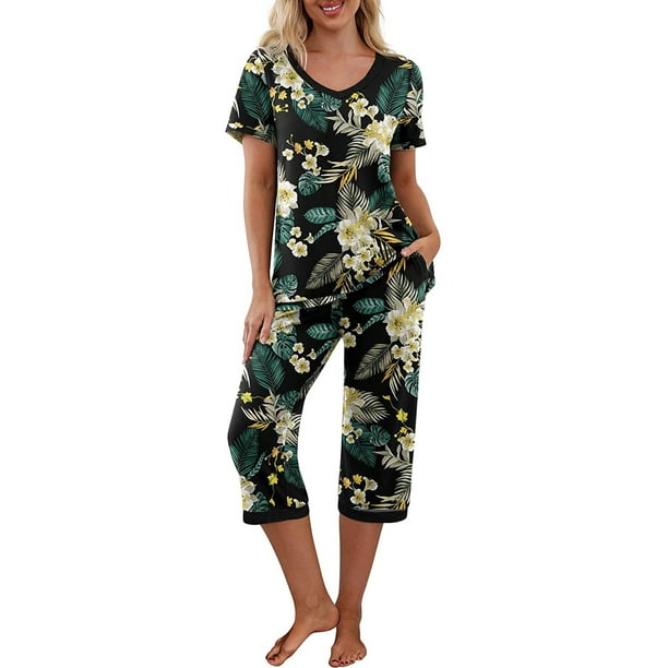 Lucakuins, conjunto de pijamas de 2 piezas para mujer, Tops florales de manga corta y pantalones capri elásticos, ropa de dormir suave para dormir Lucakuins moda