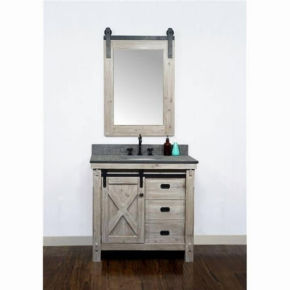 InFurniture WK8536-MG TOP 36 in. Rustic Solid Fir Barn Door Style Single Sink Vanity with Rustic Style Polished Textured Surface Granite Top in Matte Grey, Driftwood - No Faucet - 37 x 34.6 x 22 in.