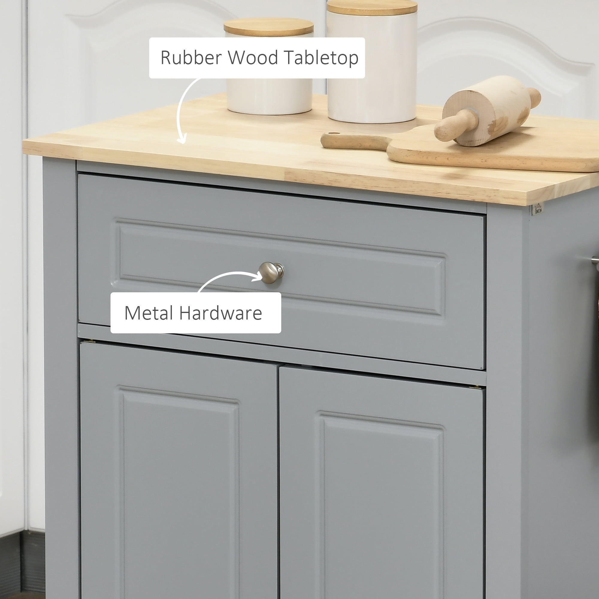 HOMCOM Rolling Kitchen Island Cart, Portable Serving Trolley Table with Drawer, Adjustable Shelf and 2 Towel Racks, Grey