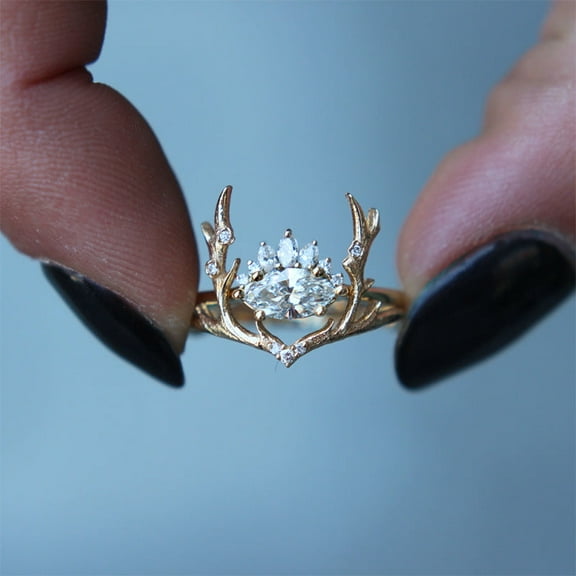 Womens Elk Antler Ring Animal Design with Zircon Inlay Gold Plated Fashion Jewelry Rose Gold Copper Ring for Her