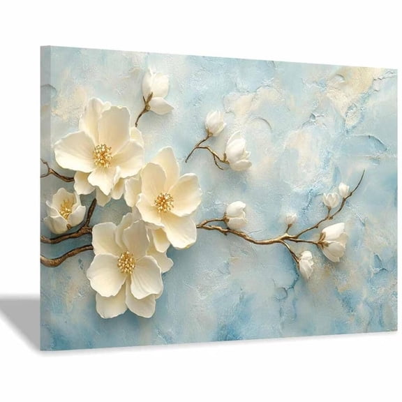 Mudket Framed Canvas Wall Art Ready to Hang, White Magnolia Gold Branch Blue Print, Botanical Wall Decor Canvas Artwork for Entryway Bedroom Living Room, Cream Floral Pictures - 12"L x 8"W