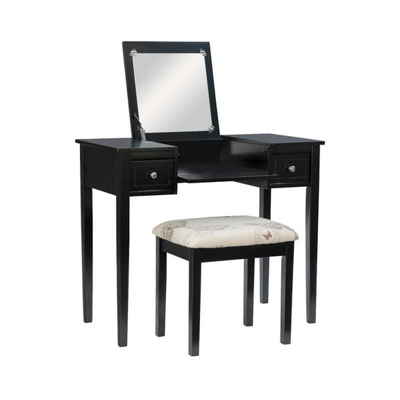 Ramsey Black Flip-Top Mirror Vanity and Butterfly Upholstered Stool Set