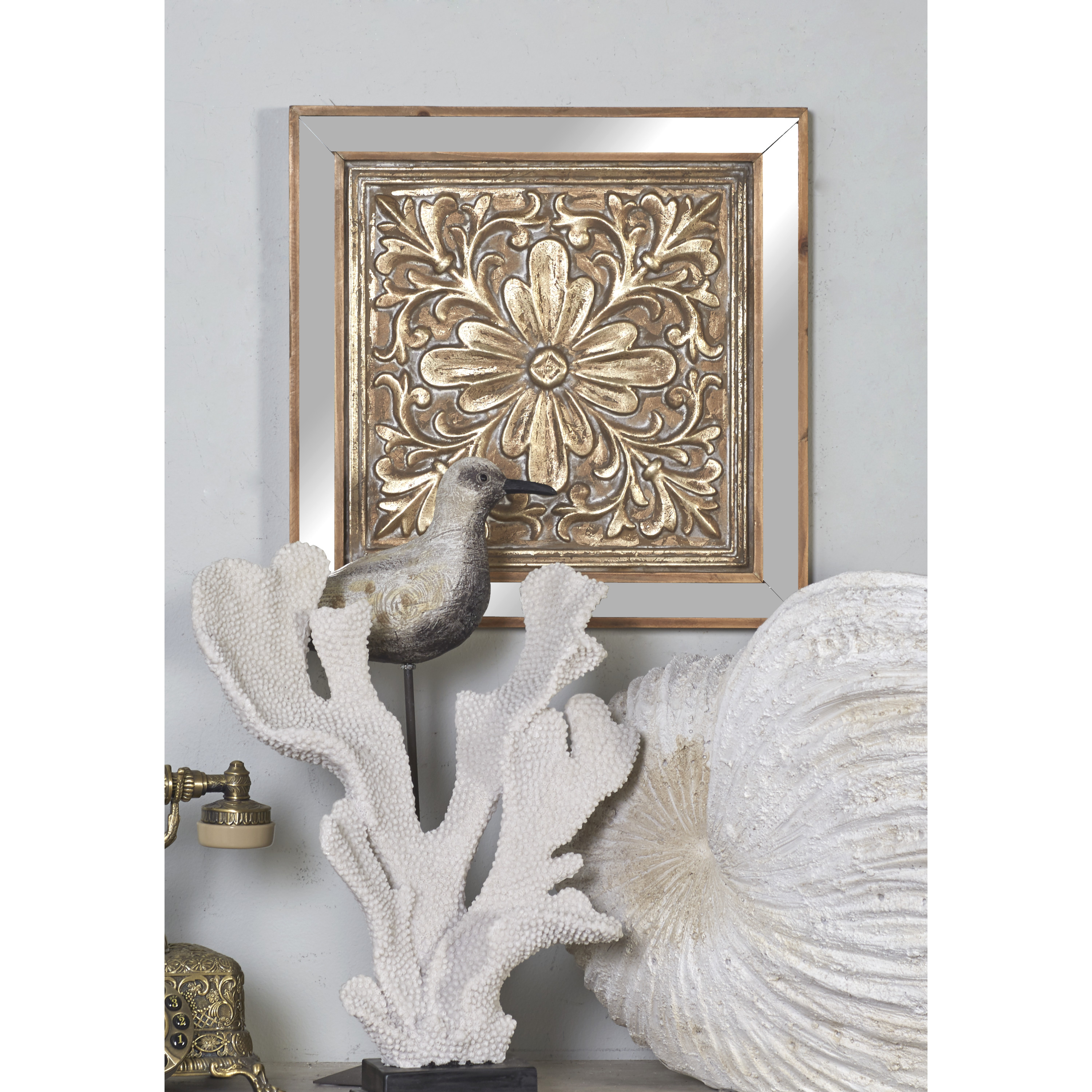 DecMode Gold Metal Embossed Floral Wall Decor with Mirror Panels (3