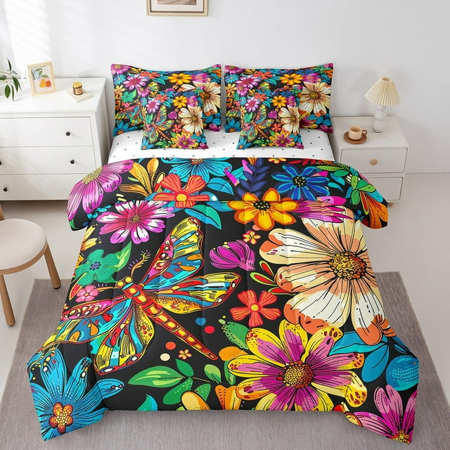 YST Rainbow Dragonfly Bedding Set Full 7 Piece,Colorful Mexican Floral Comforter Set With Sheet Set Exotic Cactus Sunflower Bed In A Bag With Throw Pillow Cover,Reversible