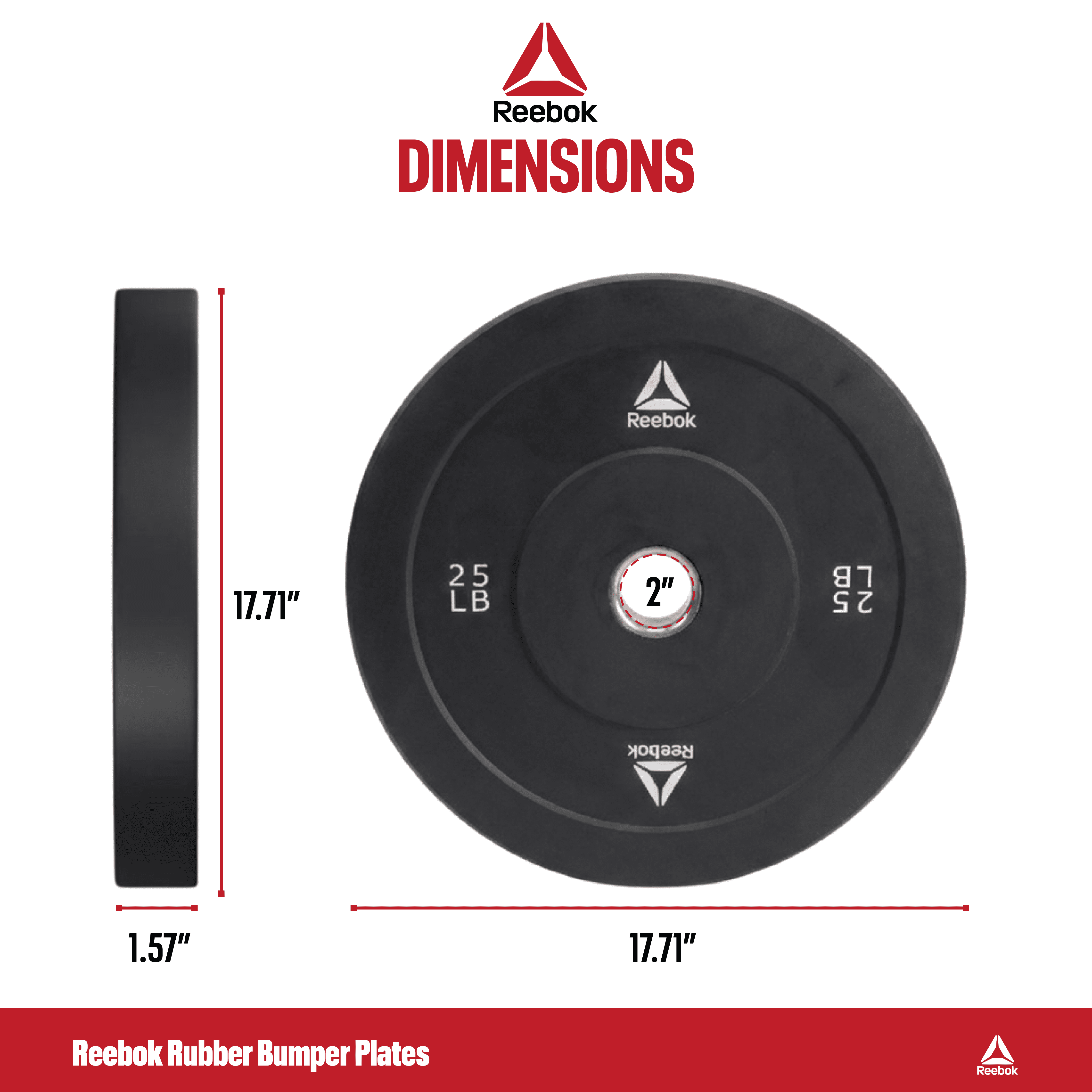 Reebok 25lb Olympic Rubber Bumper Plates (Set of 2) – Low-Bounce Plates for Strength Training
