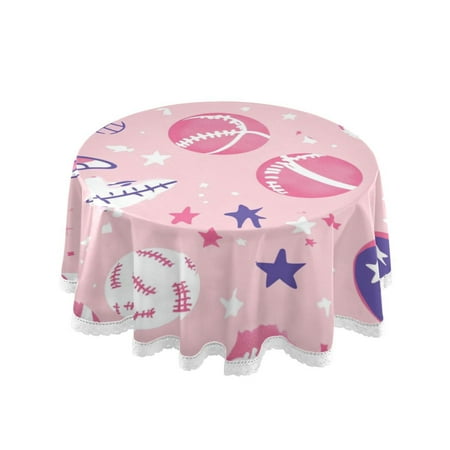 

60 Round Tablecloth with White Lace Trim Wrinkle & Heat-Resistant Table Cover for Dining and Home Decor Pink Basketballs and Footballs