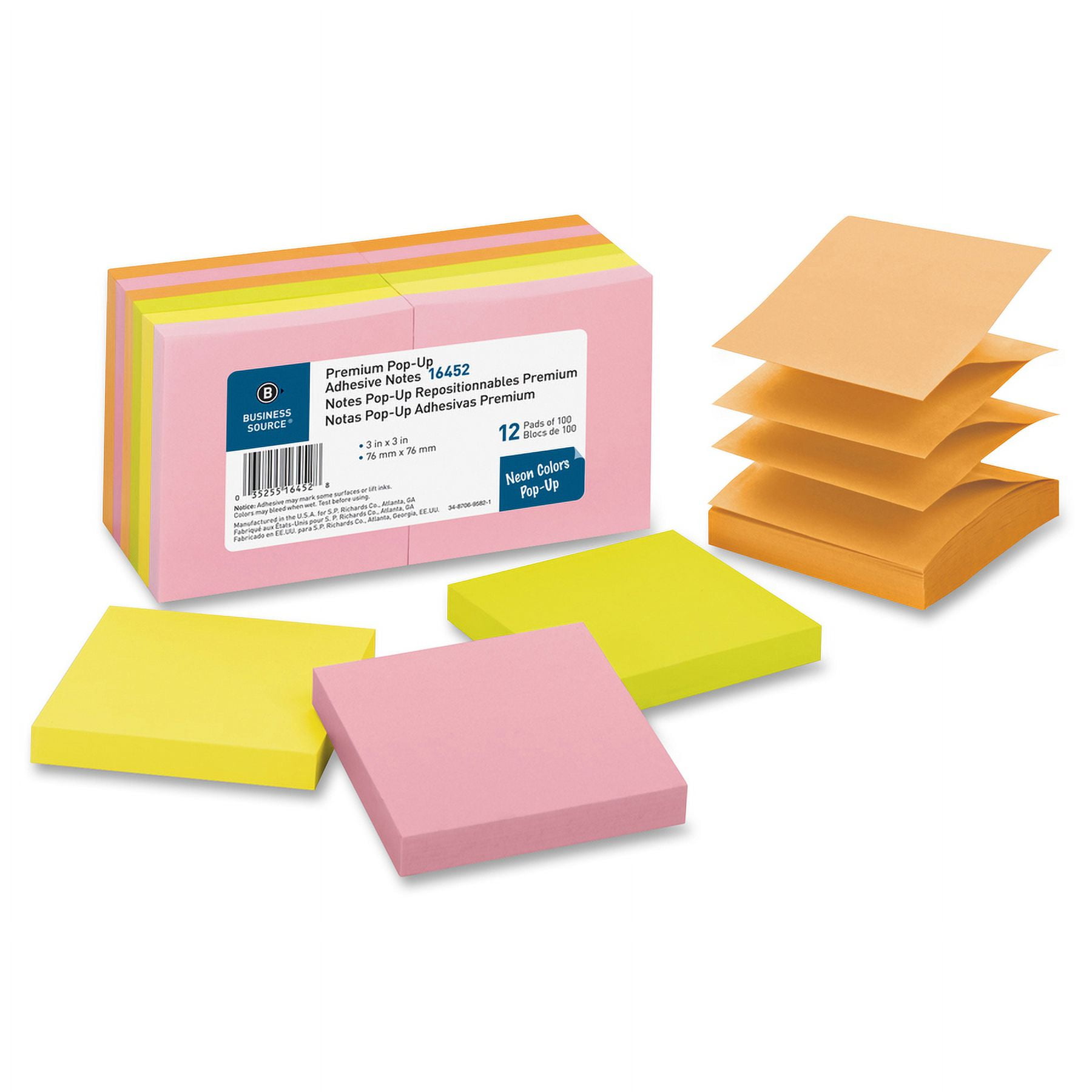 Business Source, BSN16452, Reposition Pop-up Adhesive Notes, 12 / Pack, Assorted Neon