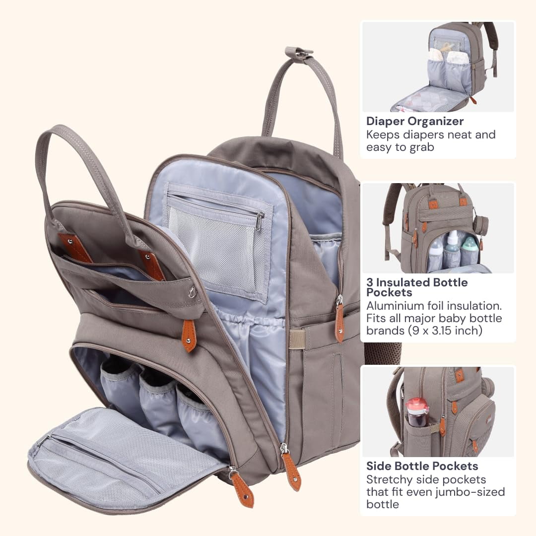 BabbleRoo Diaper Bag Backpack with Changing Pad & Stroller Straps, Khaki, 1 pc