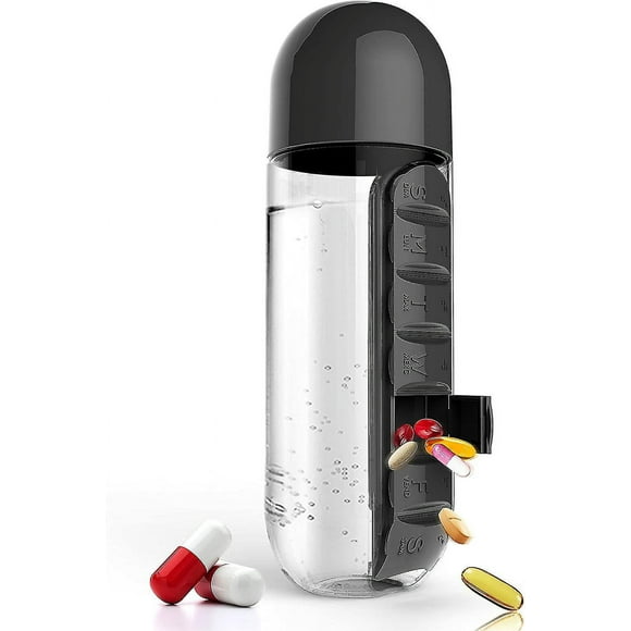 Pill Organizer Water Bottle 7 Day Medicine Holder With Weekly Dispensers Capsule Drink Bottle Black