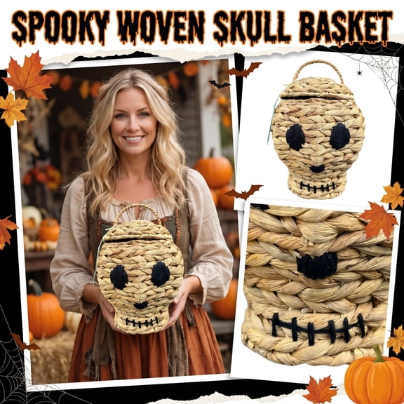 Halloween Skull Basket Decoration - Halloween Skull Candy Basket with Lid -Natural Woven Trick or Treat Straw Basket Storage Jar Holiday Decor Halloween Candy Holder Storage Bowl