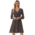 thumbnail image 1 of Vestido cruzado de gasa fluido informal de manga larga con cuello en V floral boho para mujer Negro XS, 1 of 5