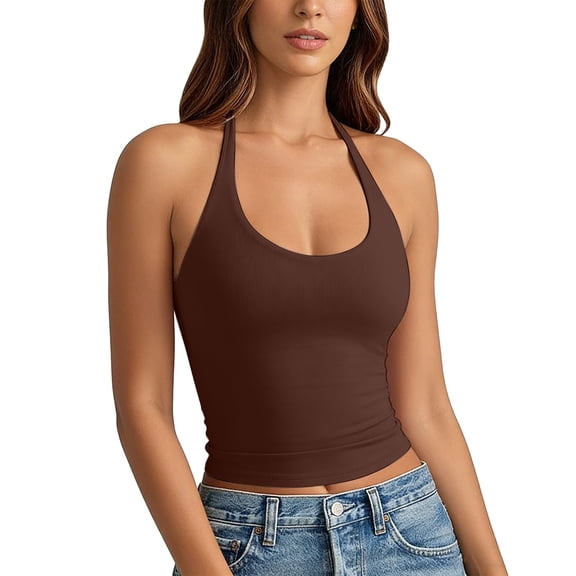 WEIWEN Cropped Tank Tops for Women 2026 Trendy Backless Scoop Neck Double Lined Basic Tees Women's Tie Halter Tops Summer Yoga Athletic Workout Shirts Brown, XL