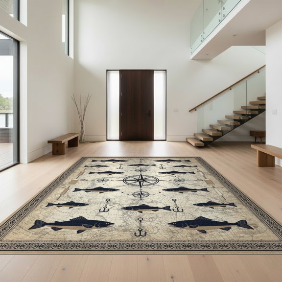 Design&I 8'x10' Washable Area Rug Sleek Flatweave Pet Friendly Fish Fishing Cabin Compass Weathered Waterway Chart Hooks Clownfish for King Size Bedroom, Under Bed