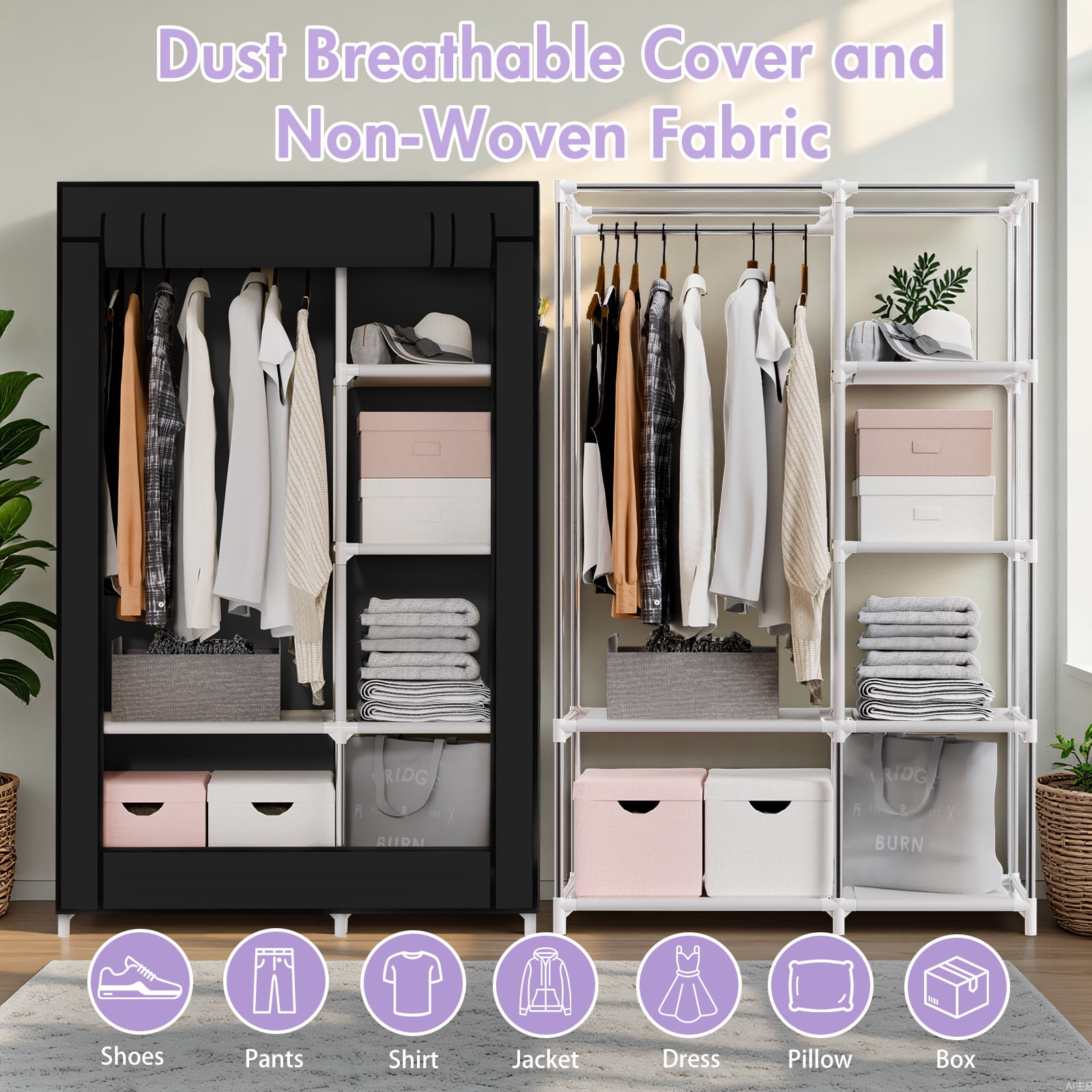 BAOKALER Black No-Assembly Portable Closet:6 Shelves,1 Hanging Rod,4 Side Pockets–Ideal for Bedroom, Living Room, Cloakroom, Garage, Dorm, Apartment