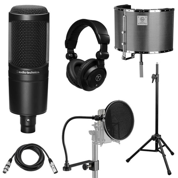 Audio-Technica Audio-Technica AT2020 Cardioid Condenser Microphone Bundled with, Reflection Filter, Tripod Mic Stand, Pop Filter, 10' XLR Cable, Studio Headphones, Complete Vocal Recording Setup Kit