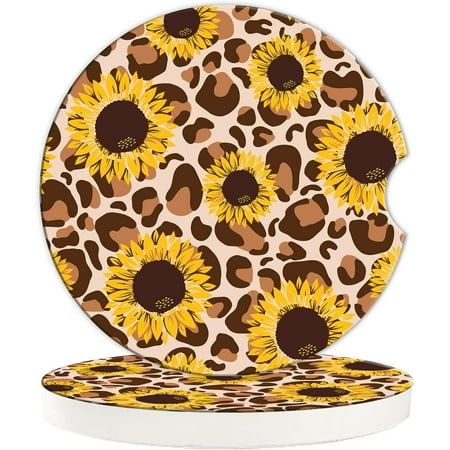 

SPEKSEE Sunflowers with Leopard Print Car Coasters 2 Pack 2.56 Inch Absorbent Ceramic Coasters for Car Absorbent Car Cup Holder Coasters for Drinks to Keep Your Car Cup Holders Clean and Dry