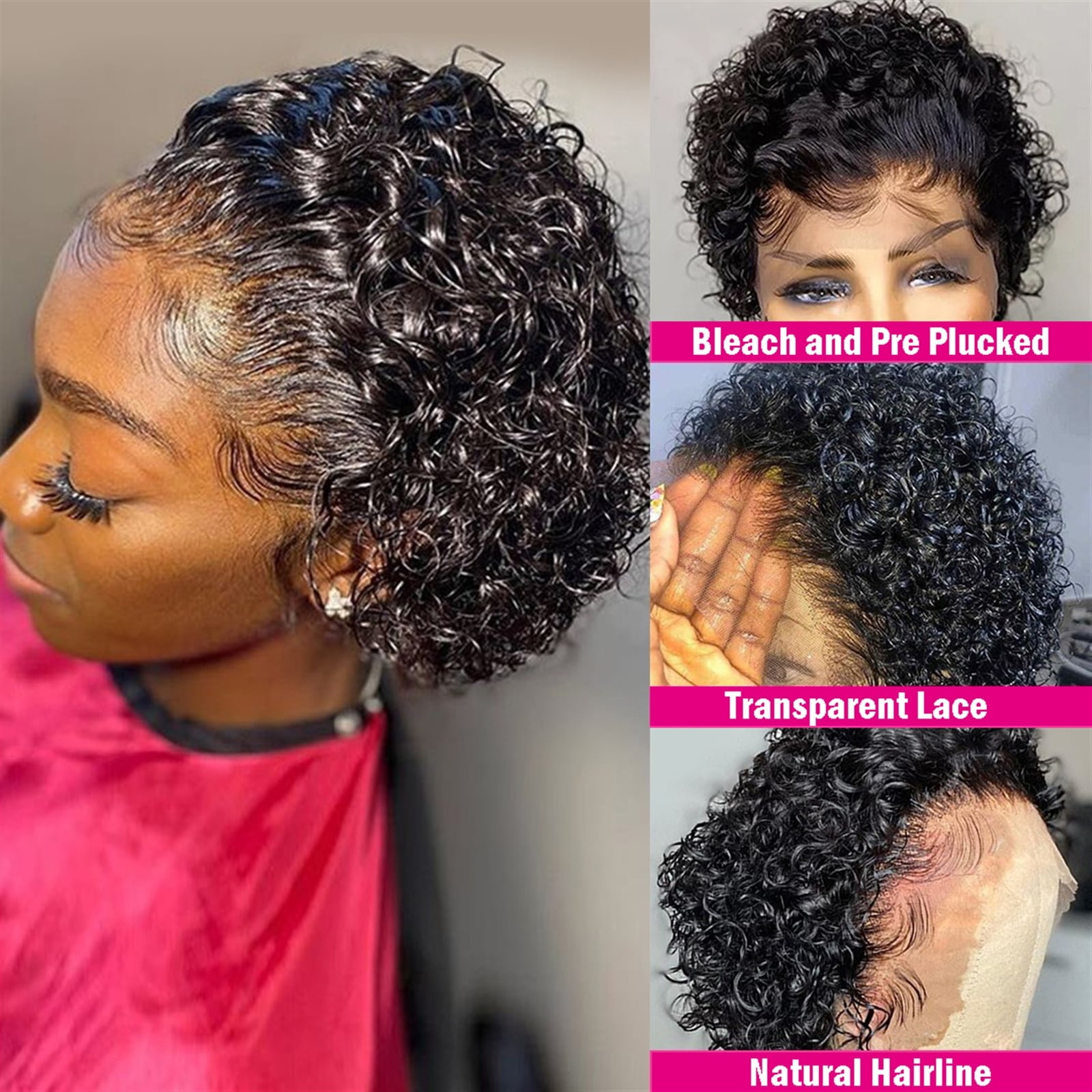 Pixie Cut Wig 13×1 Curly Human Hair Lace Wigs for Women Short Bob Water Wave Transparent Lace Wig Brazilian Remy Hair Pre Plucked with Baby Hair