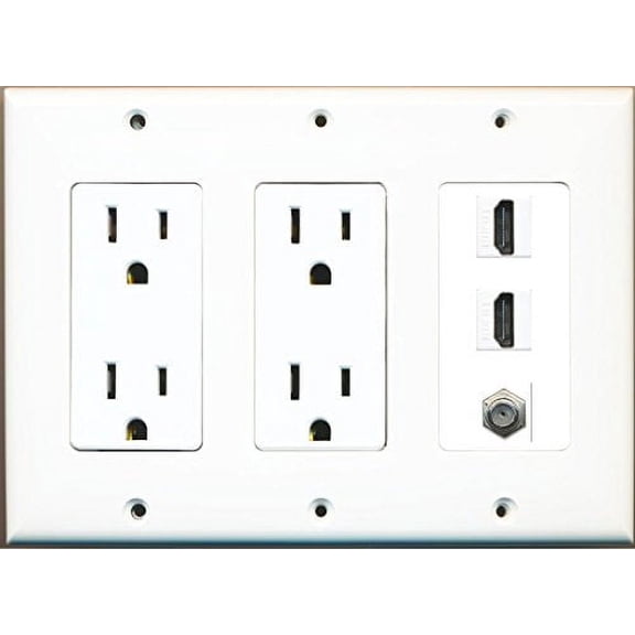 RiteAV Power Outlet x 2 and 2 HDMI 1 Coax Triple Gang Wall Plate White