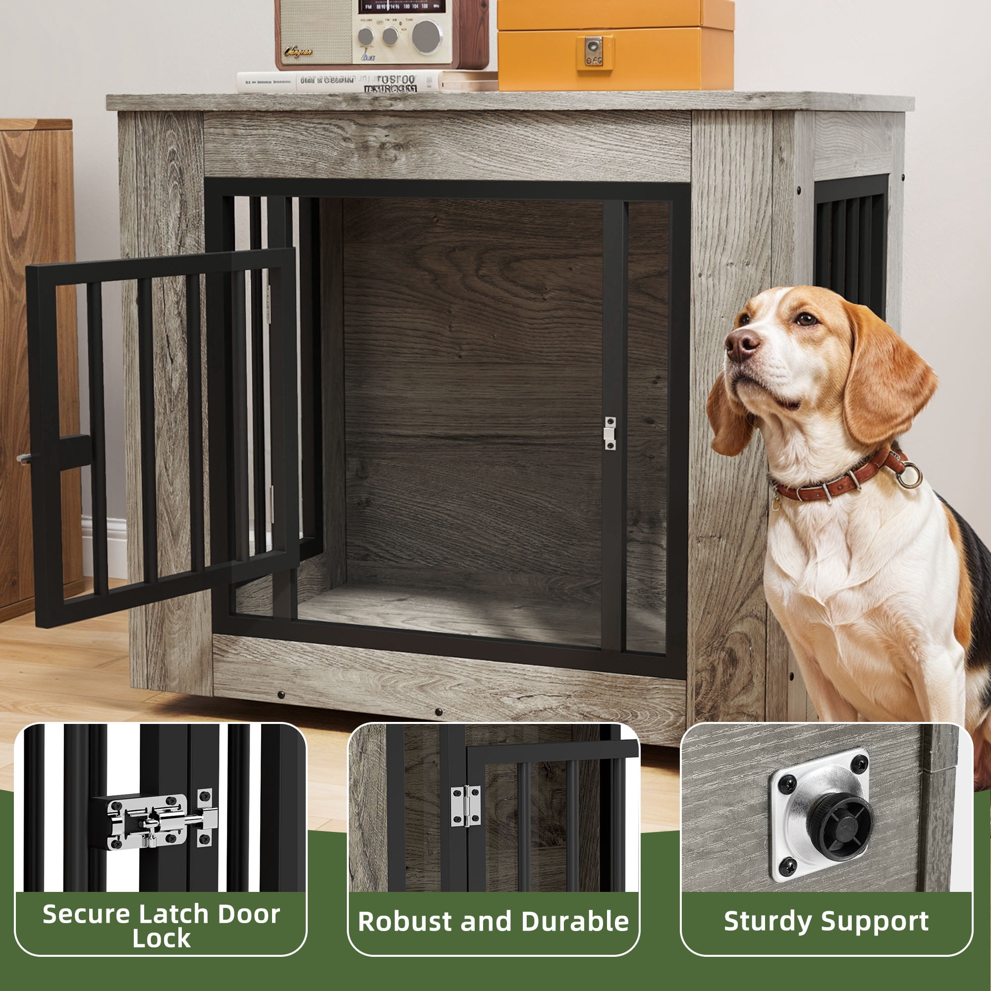 Uforic 2-in-1 Dog Crate Furniture, 27 in Wooden Indoor Dog Cage Table with Steel Lock & Waterproof Top,Gray