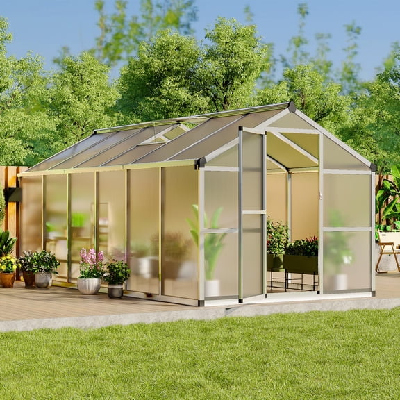 Greenhouse, 8x12 ft Greenhouse for Outdoors, Walk-in Green House with Ground Nails and Vent Windows, Sliding Lockable Door, Polycarbonate Green House for Outside Garden Backyard, Quick Setup, Silver