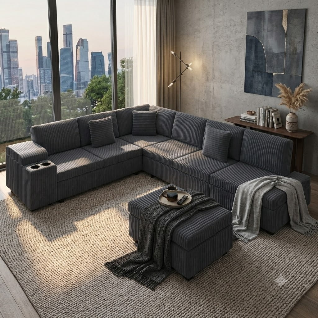 110.2" L-Shaped Sectional Sofa with Removable Ottoman, Covertible Sleeper Sofa with Hidden Armrest Storage, USB Ports & Cup Holders, Plush Corduroy Convertible Couch for Living Room, Apartment