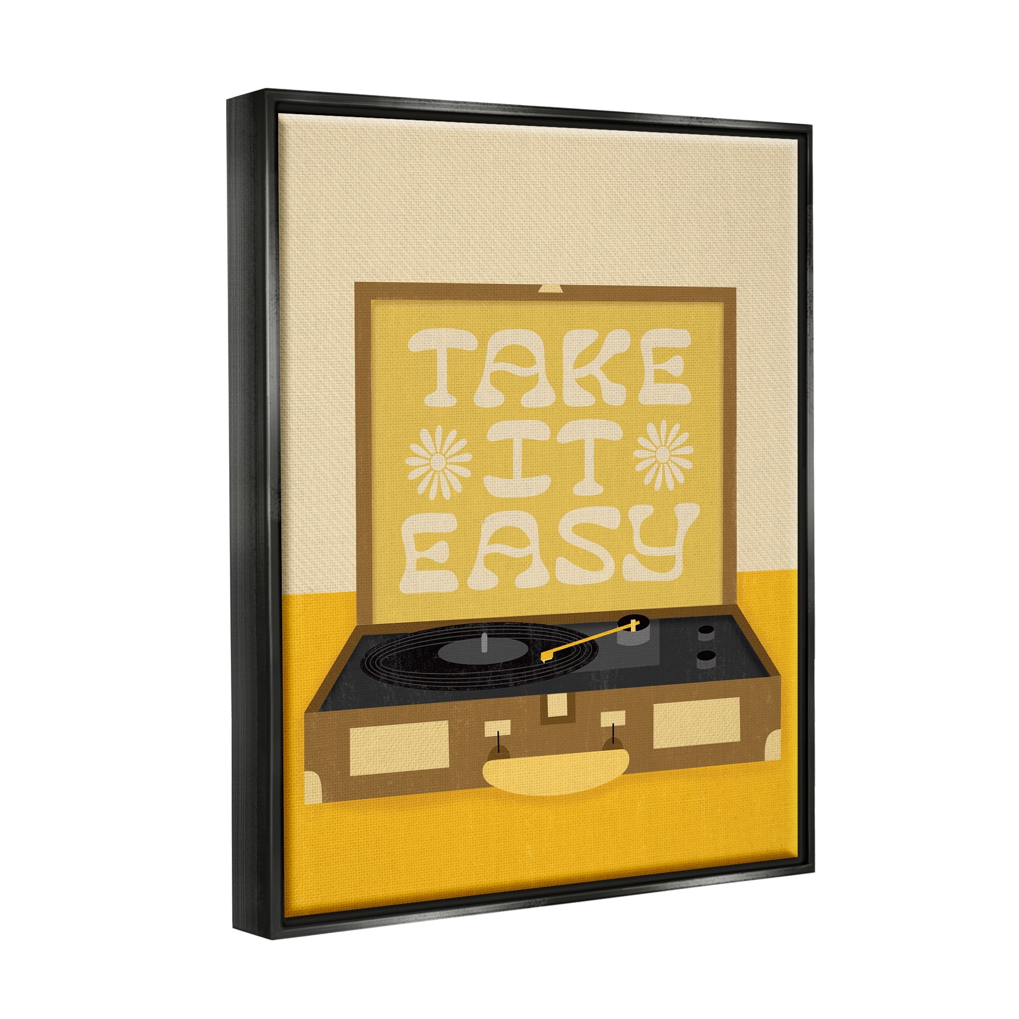 Stupell Industries Take it Easy Motivational Vintage Boho Record Player Jet Black Framed Floating Canvas Wall Art, 24x30, by Jaylnn Heerdt