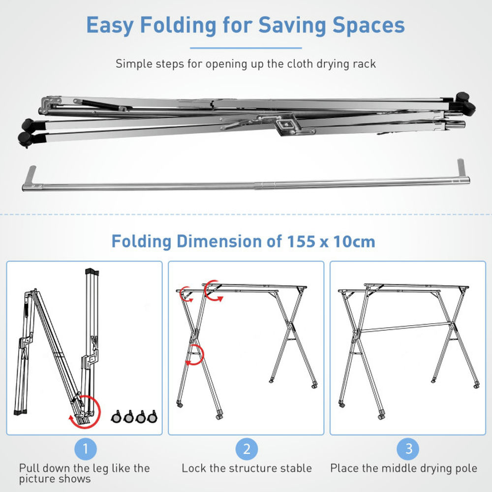 Finihen Drying Rack, Clothes Drying Rack, Foldable Steel Clothes Drying Rack with 4 Universal Wheels for Laundry, for Indoor, Outdoor, Silver Finihen Drying Rack, Clothes Drying Rack, Foldable Steel Clothes Drying Rack with 4 Universal Wheels for Laundry, for Indoor, Outdoor, Silver