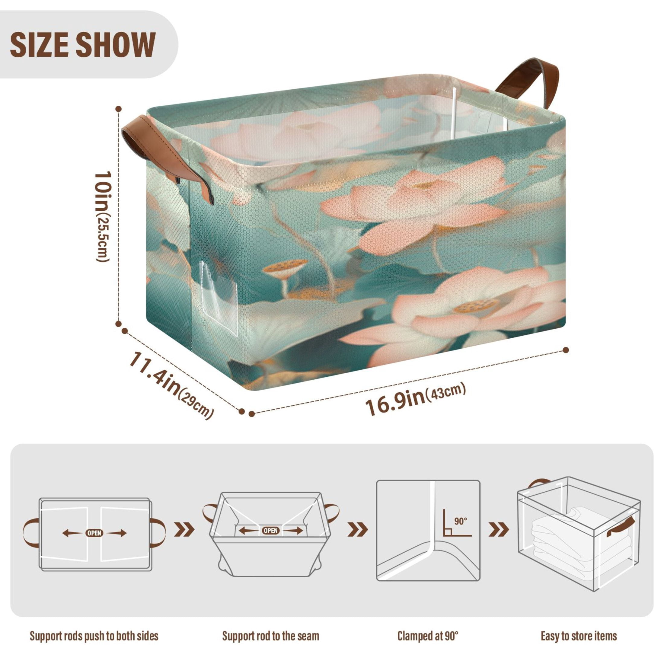 Rectangle Storage Basket with Handles Green Lotus Picture Collapsible Storage Bin Large Storage Bins Decorative for Clothes Toys Bedroom