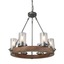 LNC 6-Light Distressed Wood and Gray Wagon Wheel Chandelier with Seeded Glass