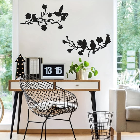 HELLOYOUNG Metal Wall Art Black Leaves Flowers Bird Sculpture Metal Wall Art Accessories for Home Decor Outdoor Indoor Home Garden Decor with Branch Silhouette Design