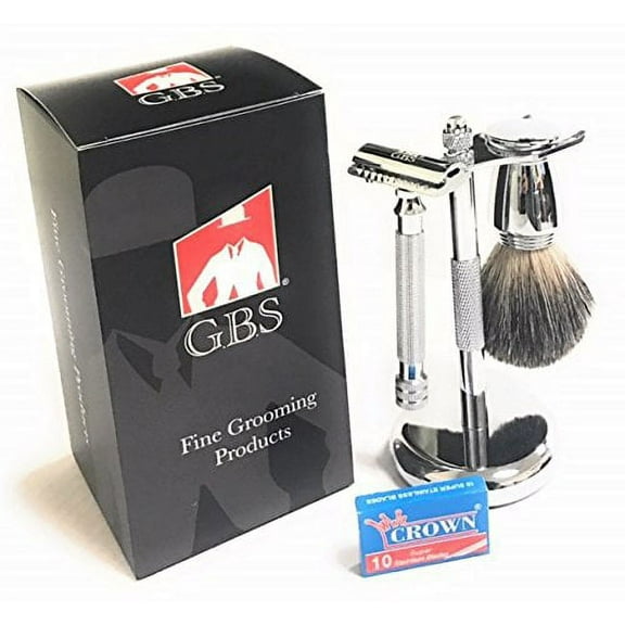 GBS 3 Piece Set - Double Edge Safety Razor, Stainless Brush and Razor Stand and Chrome Pure Badger Brush. Includes 10 Pack of Blades