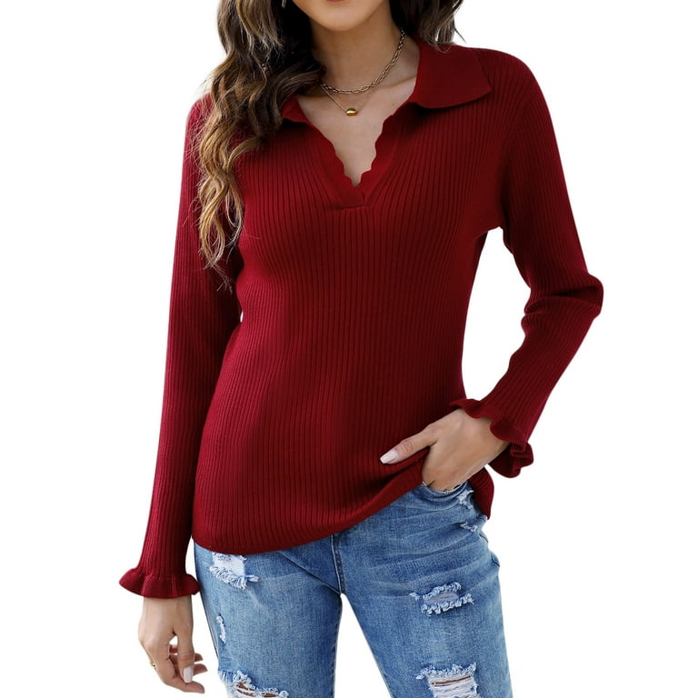 Womens Sweaters V Neck Long Sleeve Collared Sweater Fall Lightweight Knit Pullover Jumper Tops Ruffle Casual Knitwear Burgundy Walmart