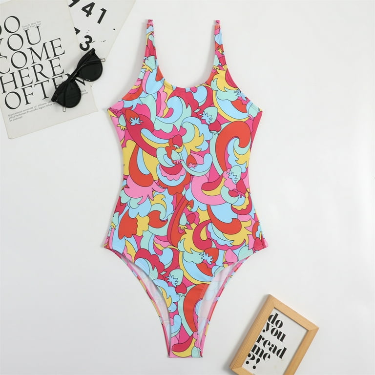 VSSSJ Women's Cute Flower Print Swimsuit Slim Fit U Neck Tummy Control One  Piece Swimwear Sexy Open Back High Cut Bathing Suit 