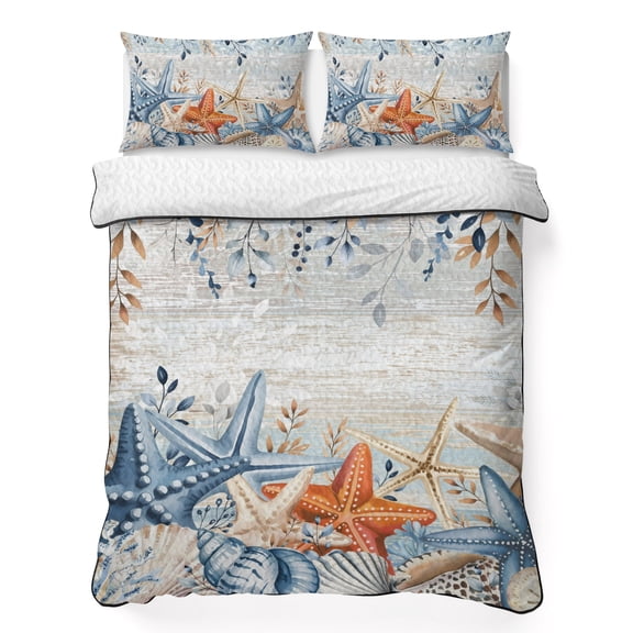 Twin XL Quilt Set 68''x98'', Blue Coastal Lightweight Bedspread Coverlet with 2 Pillow Shams, Summer Beach Starfish Weeping Eucalyptus Vintage Breathable All Season Quilt Bedding for Dorm/Guest Room