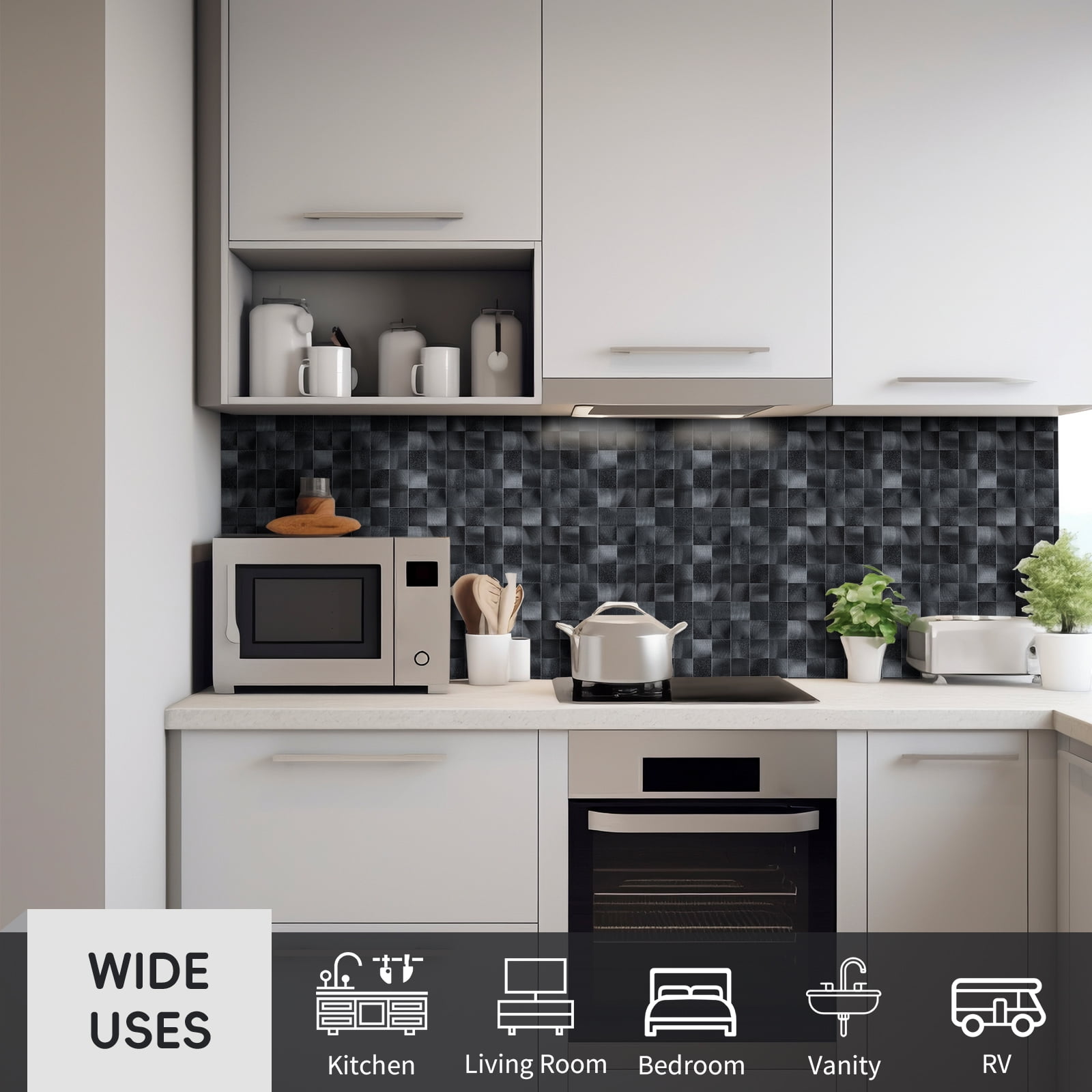 6-Sheet Black Peel and Stick Backsplash Square Tile, 12" x 12" Self Adhesive Embossed Surface Texture Stick on Wall Tiles for Kitchen Bathroom