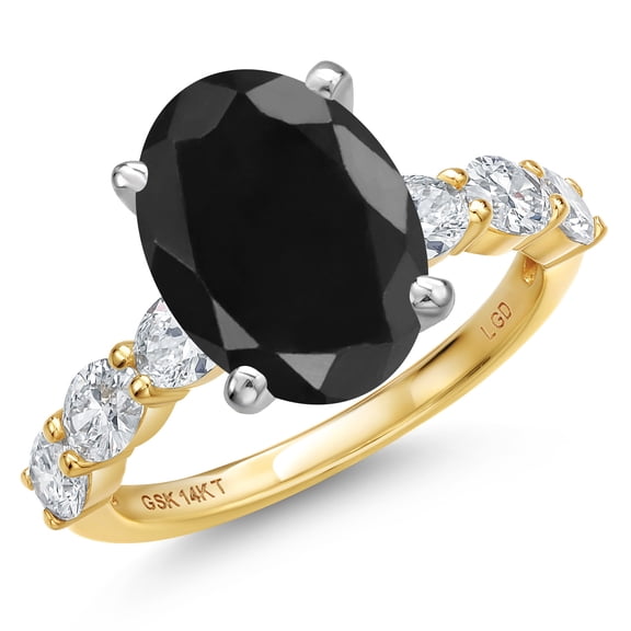 Gem Stone King 14K Two Tone Gold Black Sapphire and Lab Grown Diamond Engagement Ring for Women | 6.90 Cttw | Oval 12X10MM | Gemstone September Birthstone | Size 5