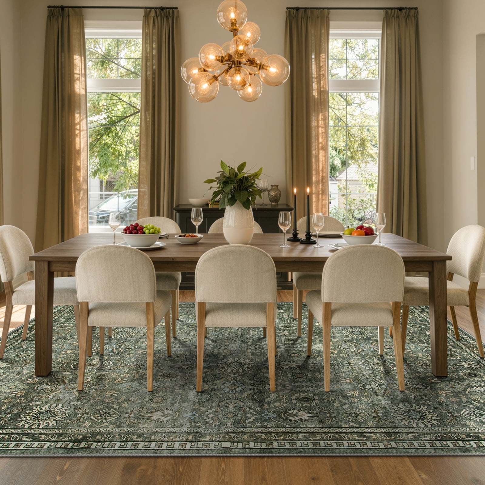 Lahome Green 8x10 Rugs for Living Room, Vintage Boho Washable Large Bedroom Area Rug, Non Slip Floral Mat Soft Low Pile Carpet for Dining Room Farmhouse Office