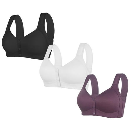 SMihono 3 Pack Senior Women Daisy Bras Plus Size Front Closure Bras T-Shirt Bras Comforable Wireless Bra Breastfeeding Bras Black XXXL US(14)