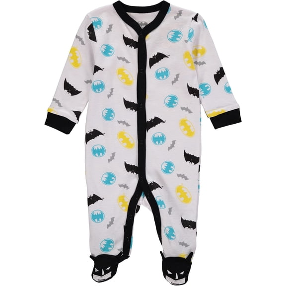 DC Comics Batman Baby Boy Romper with Footie Sleeper Printed Coverall White/Yellow, 3-6 Months