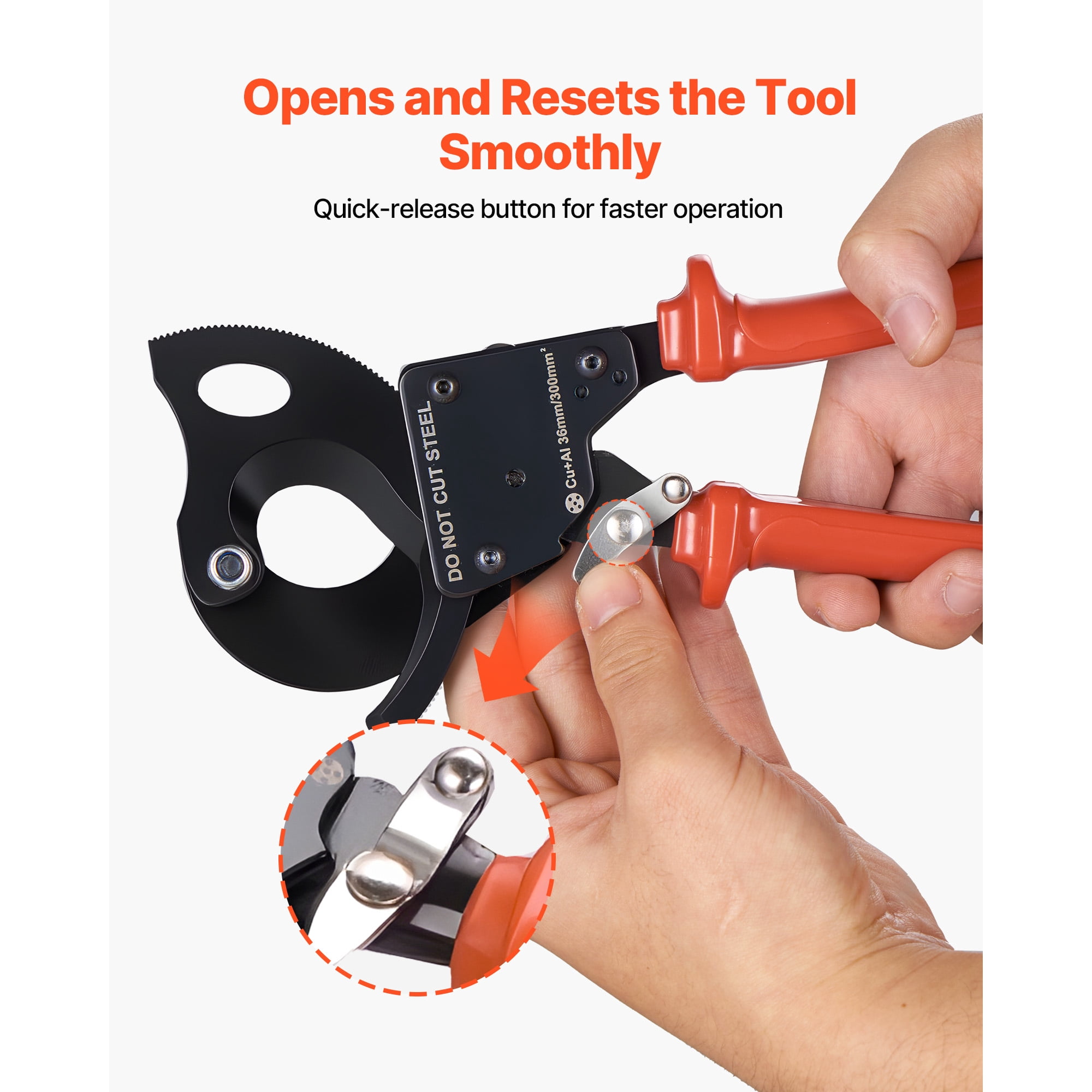 KFFKFF Ratcheting Cable Cutter with Spring Steel Blades, PVC-Coated Handles, Quick-Release Button, Durable Tool for Cutting Copper and Aluminum Cables Up to 600 MCM / 300 mm²