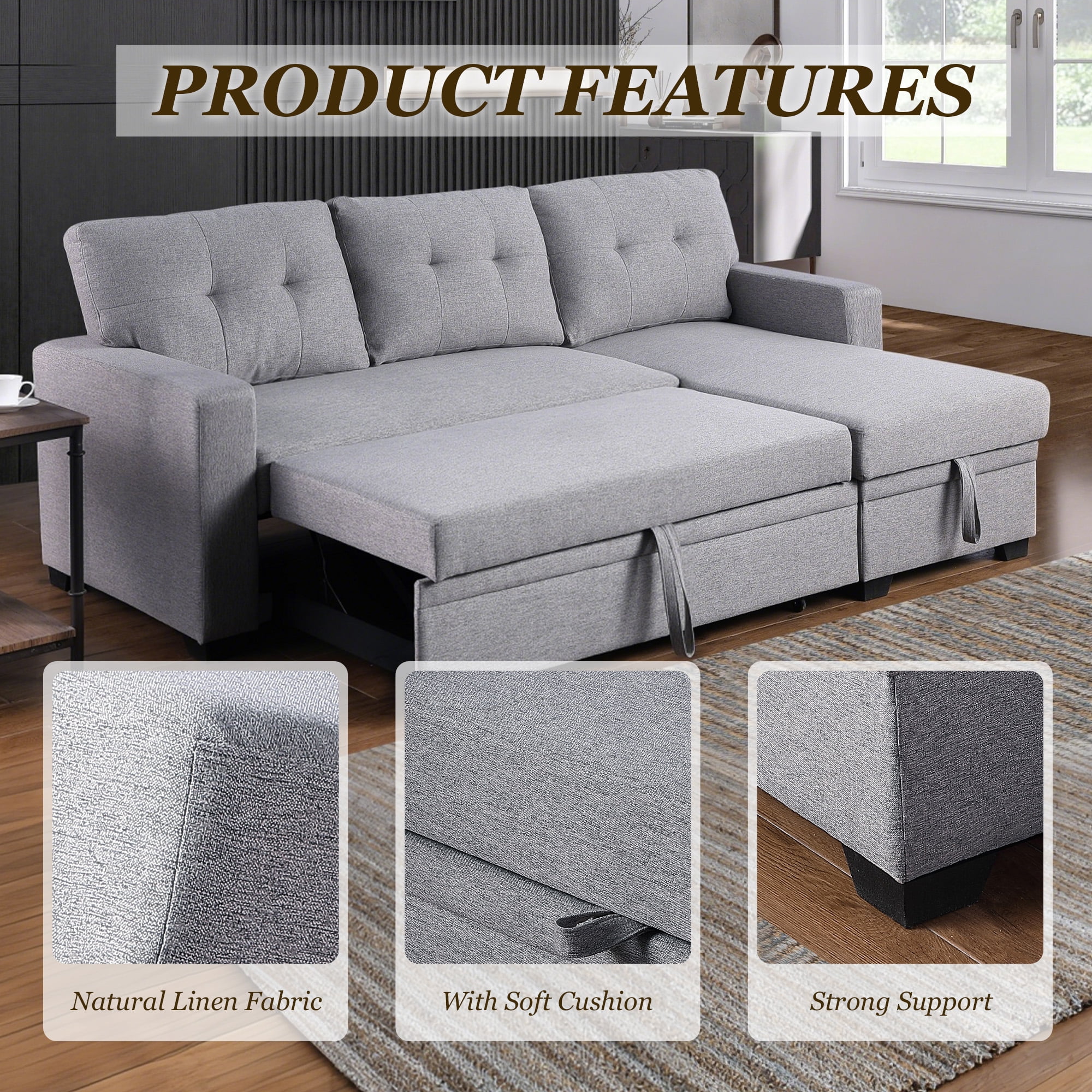 MOONMISS Sectional Sofa Bed with Storage and Soft Seat ,Reversible Pull Out Couch for Living Room,Light Gray