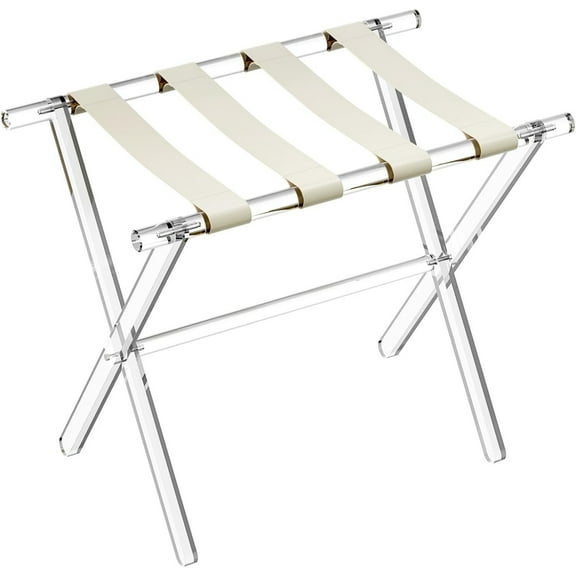 Acrylic Luggage Rack for Guest Room - Foldable Suitcase Stand with Leather Straps for Bedroom Living Room Hotel Heavy-Duty, Holds up to 50-100 lb lightweight Space Saving (Beige & Handle - 1 Pcs)
