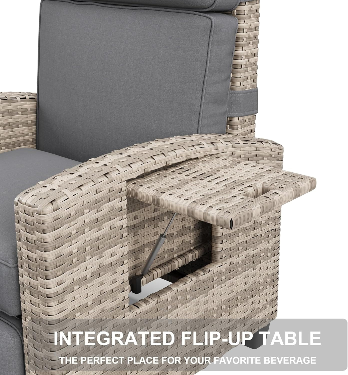 IdealHouse Reclining Patio Chair with Flip-Up Side Table - 150° Adjustable Backrest & Footrest, All-Weather Wicker Steel Frame, Olefin Cushions