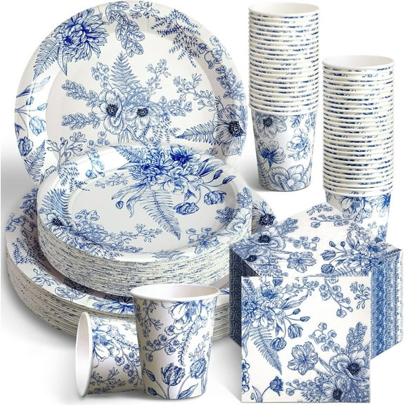 250 Pcs Blue Disposable Plates and Napkins Floral Tableware Set for 50 Guests Disposable Plates Napkins Cups for Wedding Baby Bridal Shower Party Supplies (Flower)
