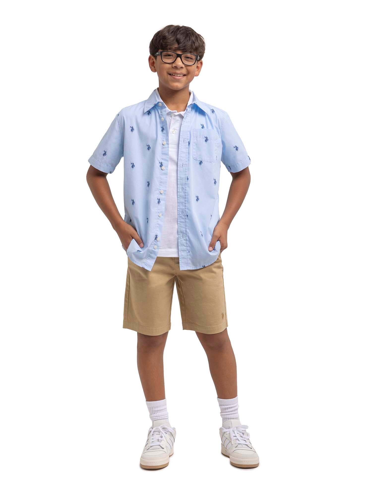 U.S. Polo Assn. Boys Short Sleeve Woven Button Up Shirt, Sizes 4-18