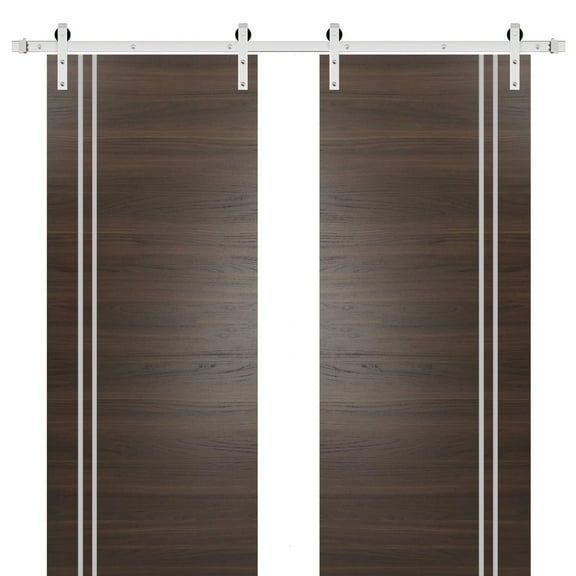 Sturdy Double Barn Door 36 x 80 inches with | Planum 0310 Chocolate Ash with Frosted Glass | Stainless Steel 13FT Rail Hangers Heavy Set | Solid Panel Interior Doors